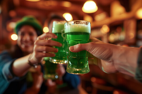 Friends Toasting with Frothy Green Beers, Cheers to the Irish Spirit, Illuminated Pub Ambiance, St. Patrick's Day Festive celebration