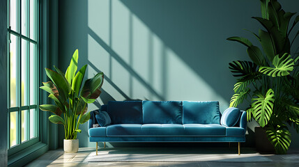 modern living room with blue sofa and green plants