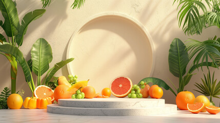 white podium on orange fruit and leafs background.