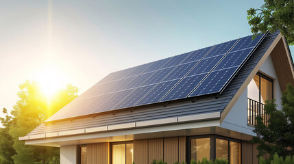 Solar panels on the roof of the house Receive the morning sunlight