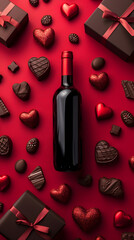Red wine bottle, chocolate hearts and gifts on red background