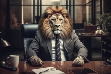a lion in business suit working in an office with a cup of coffee on a desk