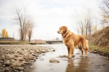 golden retriever standing midbrook looking upstream