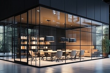 new modern luxurious office with glass walls and a conference room with a table and many chairs