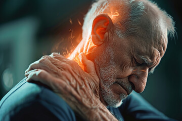 VFX the neck Pain Augmented Reality Animation. Massaging and Stretching the the neck to Ease the Injury. Close Up of a Senior Male Experiencing Discomfort in a Result of the neck Trauma.