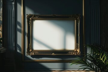 Empty photo frame in an old European style house, classic black and gold decoration