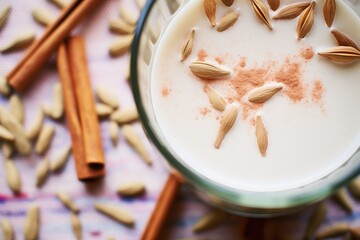 closeup of creamy horchata texture with rice grains visible