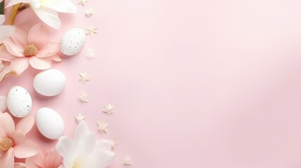 Easter holiday background with Easter eggs and flowers on pink table. Top view from above with copy space.