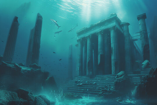 ancient greek temple underwater scene.