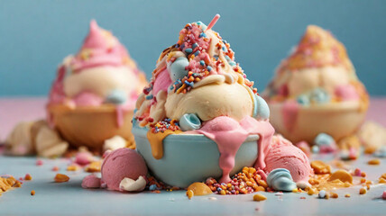 Delicious ice cream in bowl with sprinkles and toppings in pastel colors	