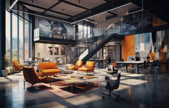 The Interior Of A Modern Office With Black And Orange Furniture With A Glass Upstair Staircase