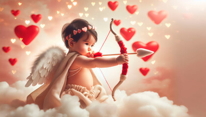 Child in cupid costume with a bow,arrow aiming at hearts on a pastel background with bokeh,clouds