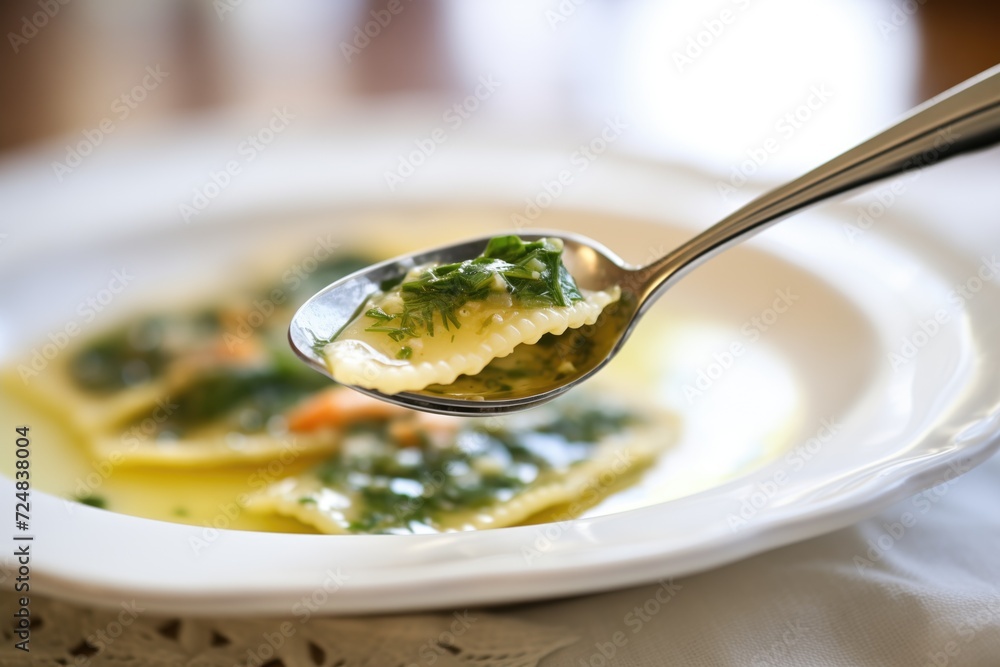 Poster ravioli with ricotta and spinach filling on a spoon