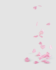 Pink hearts falling on a white background, levitation