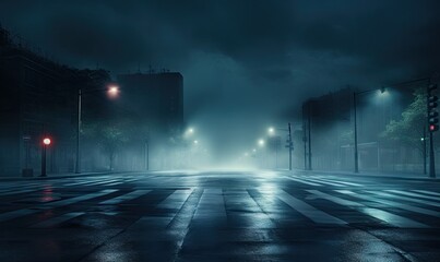 traffic lights and street lights shining at night in an empty road