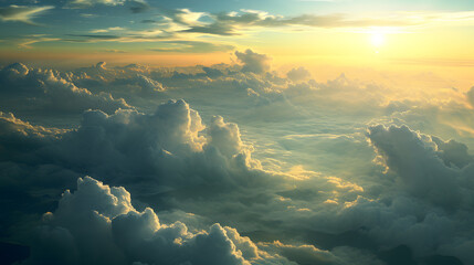 Beautiful aerial view of cloudscape at sunset. View from airplane view