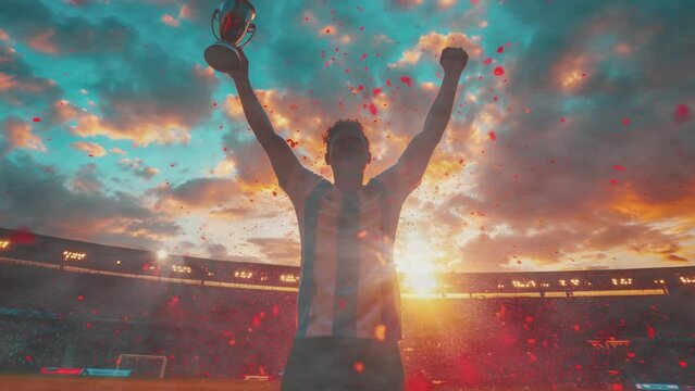 football player with a cup in his hands at the stadium at beautiful sunset celebrate win