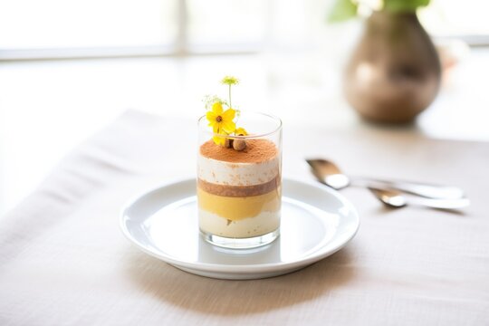 tiramisu layered in a clear dessert glass