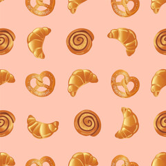 Seamless pattern with various pastries. Buns, bagels on pastel background.