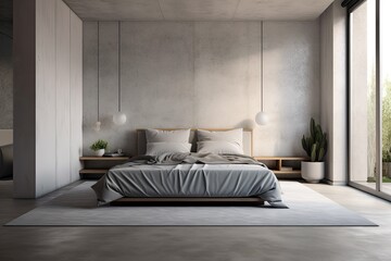 Interior of a bedroom with a concrete floor, a master bed covered in white sheets, and two bedside tables. a mockup