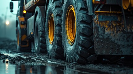 wheels of a large hard industrial truck in wet mud, bottom rear view - obrazy, fototapety, plakaty