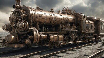 steam train on the railway  steampunk train that escapes the doom of the world on a floating and submersible railway.   - obrazy, fototapety, plakaty