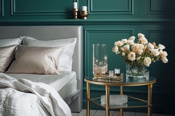 Beautiful bedroom design with beige and emerald green bedding features flowers in a fashionable bottle shaped vase next to a modern nightstand with a clock