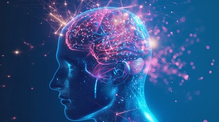 Human head with glowing neurons and nervous system