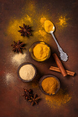 on a rustic background various colored and scented powdered spices, cinnamon sticks and star anise.