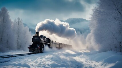 steam locomotive in the snow A steam train on a magical and mysterious day in the winter. The train is a wonderful and amazing   - obrazy, fototapety, plakaty