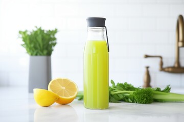 detox juice in a reusable bottle, celery on the side
