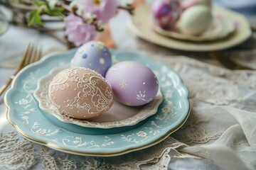 Obraz premium Close-up of decorated Easter eggs on vintage-inspired plates.