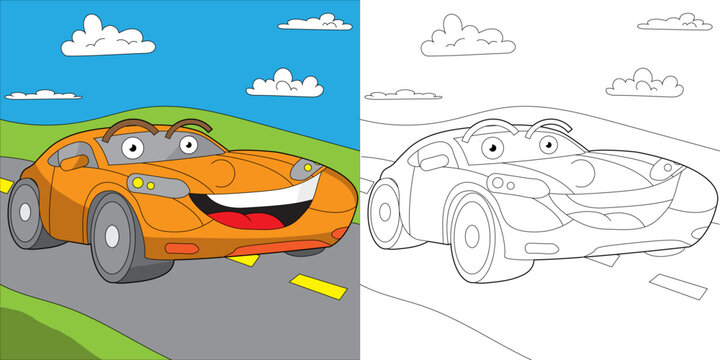 Cute smiling Race Car coloring page for kids 