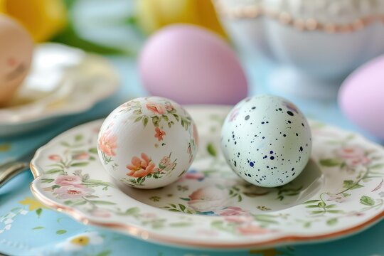 Close-up of decorated Easter eggs on vintage-inspired plates.