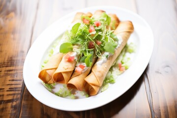 flautas plated with sour cream drizzle, lettuce bed