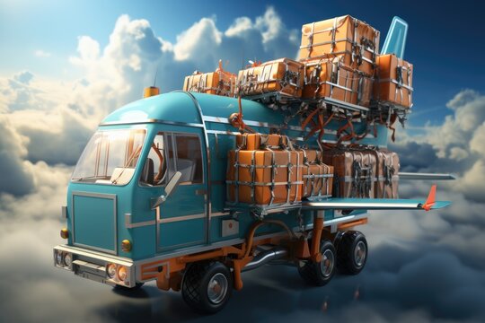 A funny image of a mixture of a delivery truck with an airplane loaded with boxes or packages.