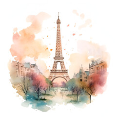 Eiffel Tower Watercolor Clipart, Paris Monument, Ai generative