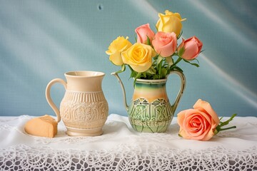 Obraz na płótnie Canvas ceramic cup, creamer, and pastel roses on lace cloth