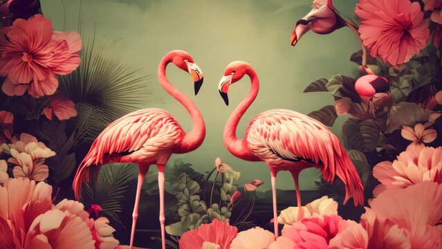 Flamingo and tropical nature flower abstract background. Generative ai.	
