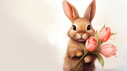 Charming watercolor cute rabbit, bunny holding pink Tulips.