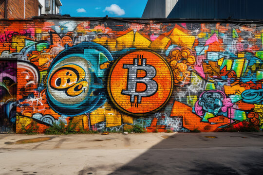 A bitcoin cryptocurrency graffiti on a urban city wall, Generative Ai