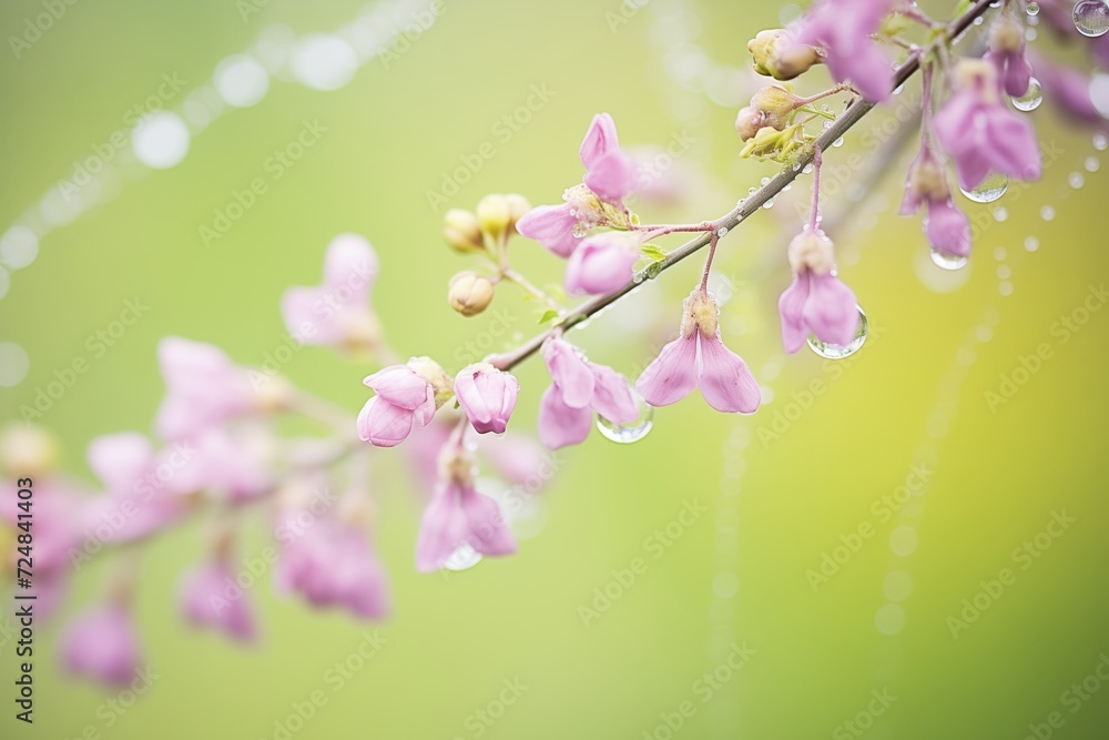 Wall mural close-up image of dewdrops shimmering on a spiders web between lilacs