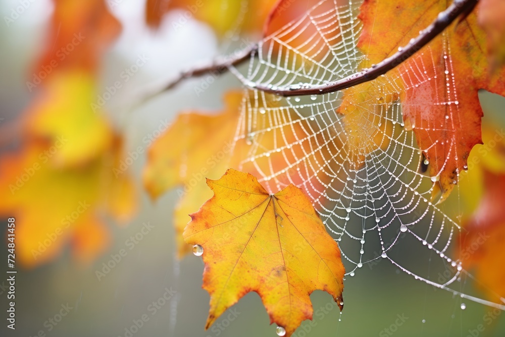 Wall mural close-up of dew-covered spider web amidst autumn leaves