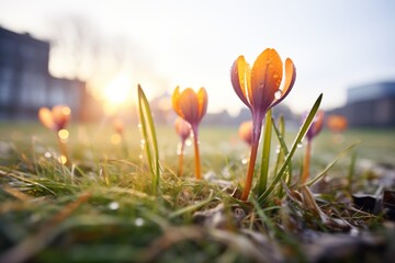 crocuses emerging from the thawing ground in sunrise light - obrazy, fototapety, plakaty