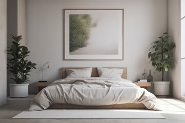 Above the bed in the bedroom was an empty frame. Large indoor plant lying on the ground