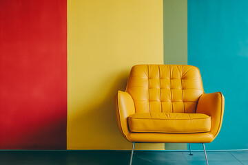 Yellow leather armchair on colorful wall