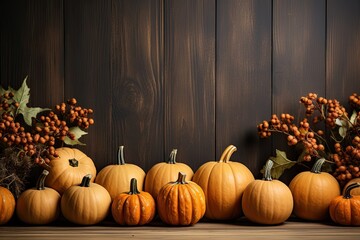 Brown background, space for text, with pumpkins