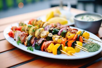 grilled veggies and kebabs on a platter