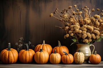 Brown background, space for text, with pumpkins