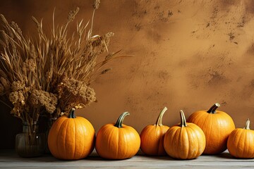 Brown background, space for text, with pumpkins